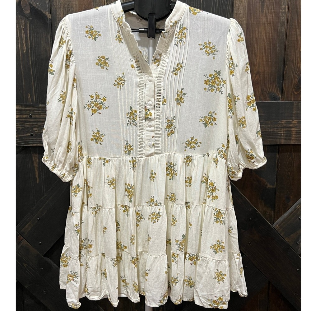 By The River Floral Tiered Babydoll Mini Dress Cream Pintuck‎ M Boho Festival